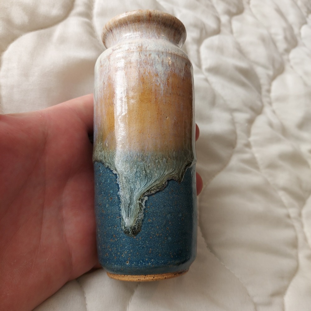 Signed Studio Pottery Drip Glaze Bud Vase Blue Tan Stoneware 5.5" Cylinder